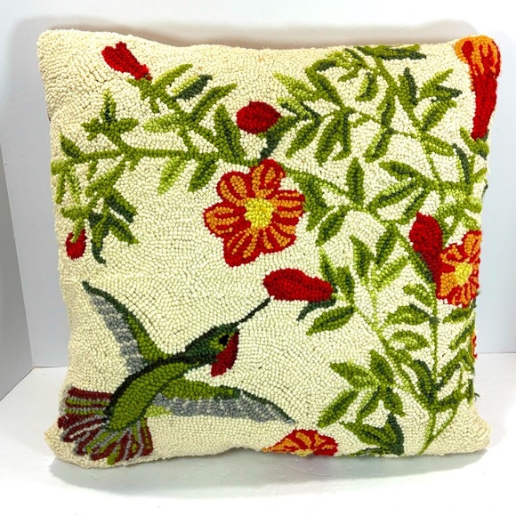 Peking Handicraft Hummingbird Floral Square Hook Pillow 17” Handmade Cottagecore